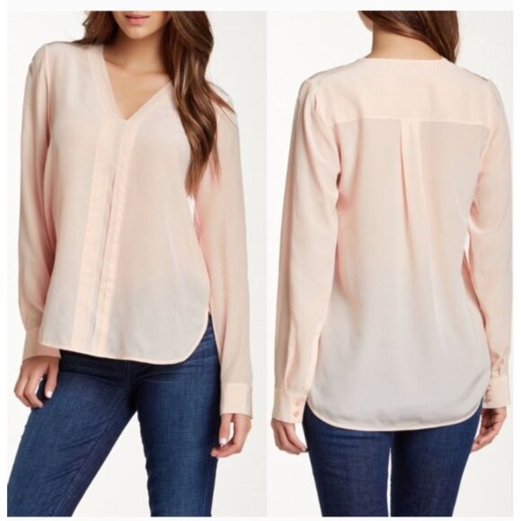 Vince Silk Blouse Small Picot Edge V-Neck Black Long Sleeve Quiet Luxury Career - Picture 2 of 11